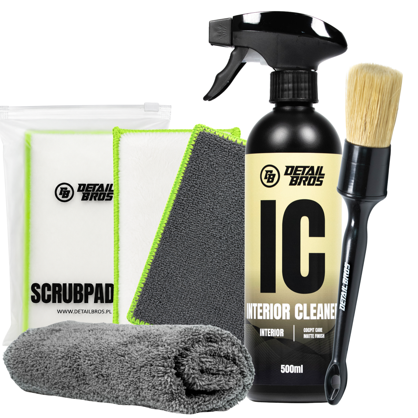 Interior Kit-Zestaw do czyszczenia wnętrza-Interior Cleaner+ScrubPad+Pędzelek 24mm+Mikrofibra 40x40cm 400GSM